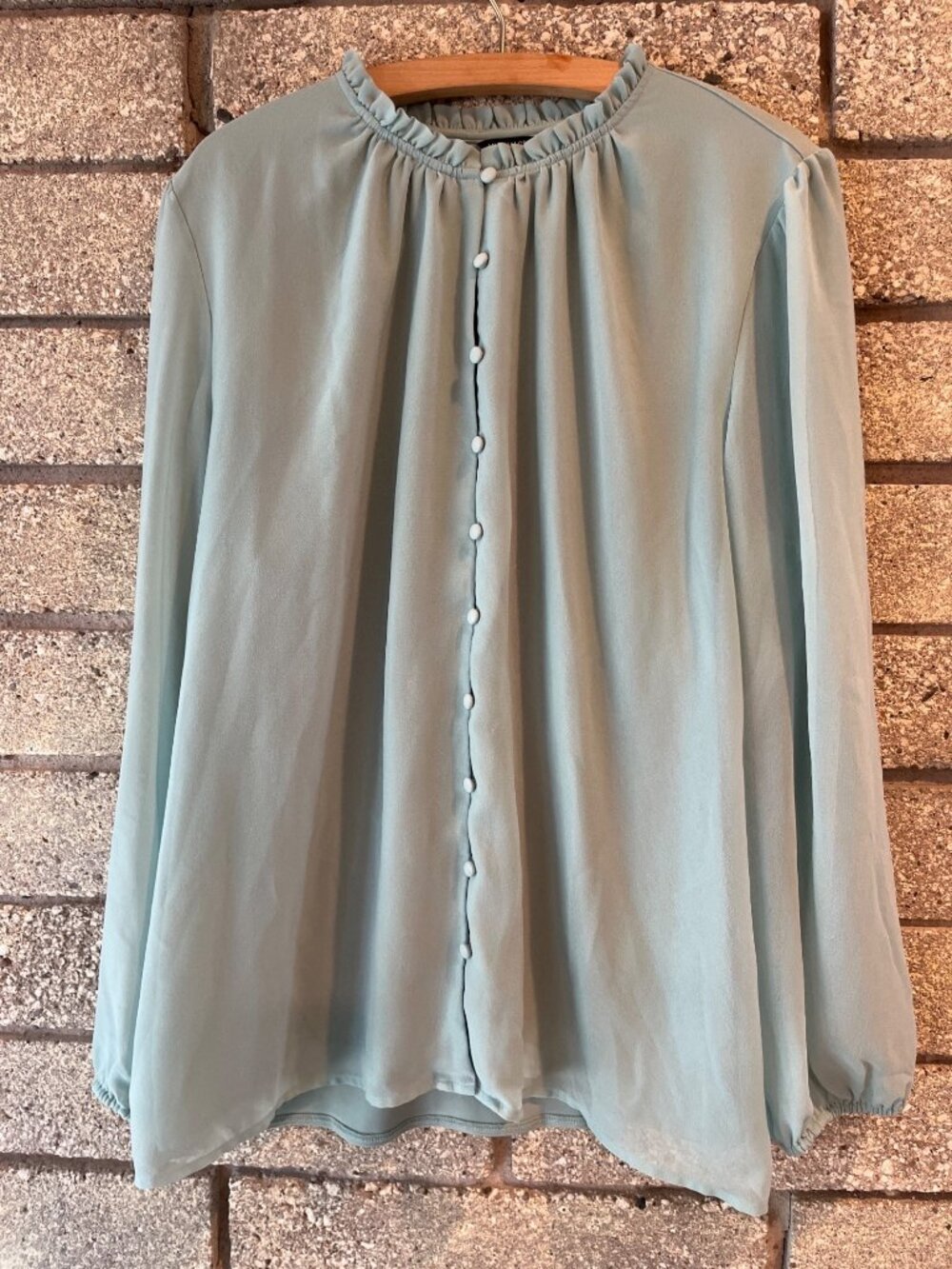 Ann Taylor XL Light Blue Ruffled Button-Front Blouse With Long Sleeves